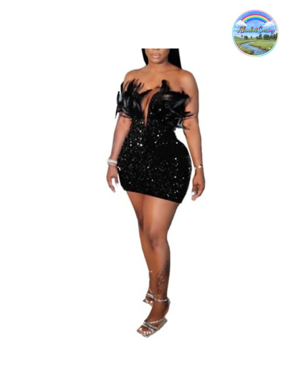 Sexy Sequins Deep V Neck Feather Wrap Hip Bodycon Mini Party Dress